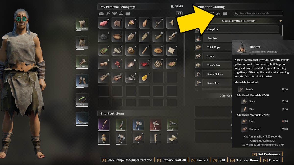 Finding the bonfire in the crafting menu in Soulmask