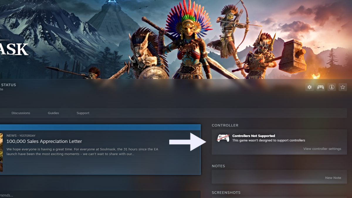 Soulmask Steam library page indicating controller support