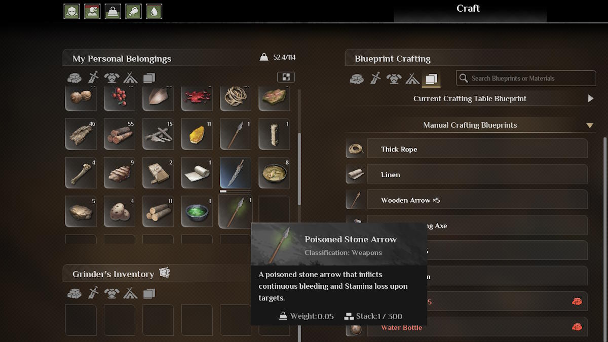 Finished Poison Arrow in the inventory in Soulmask