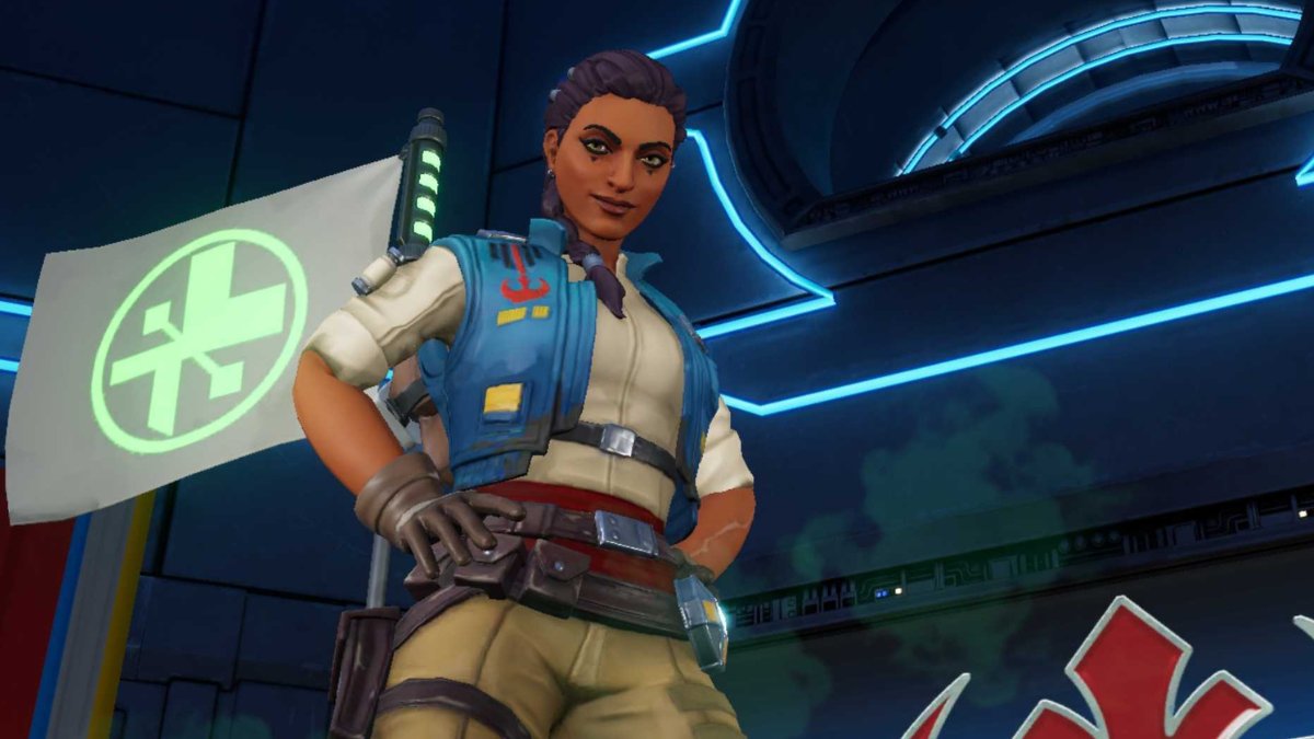 Support Hunter Zaina standing in front of her flag in Star Wars: Hunters