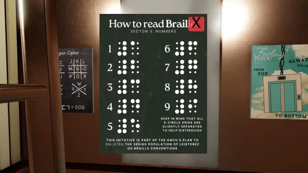 Braille poster in elevator in Terminal Escape Room