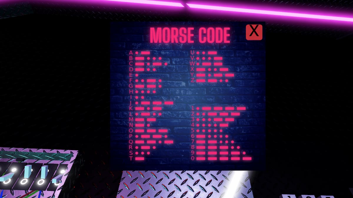 Morse code poster to decipher blinked red light in Terminal Escape Room