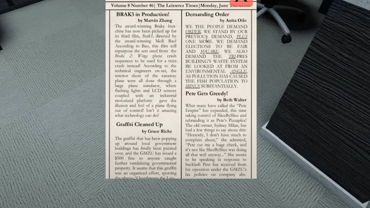 Newspaper clue page in Terminal Escape Room