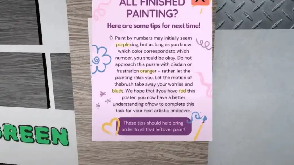 Paint puzzle clue poster in Terminal Escape Room