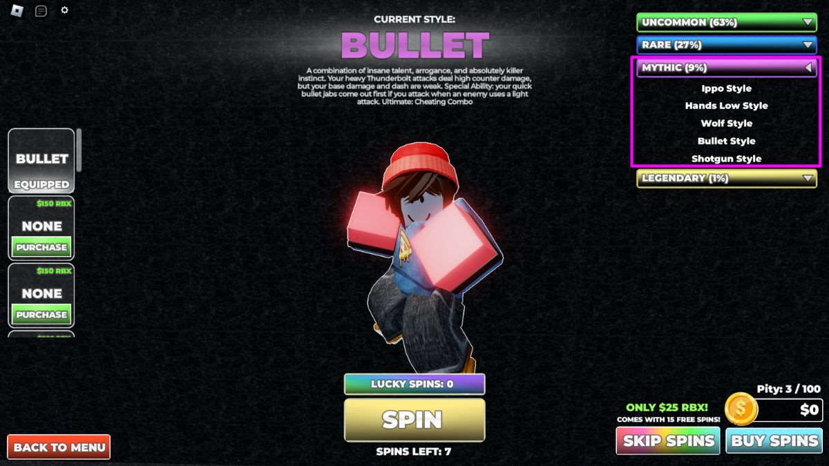 Bullet fighting style spin menu in Untitled Boxing Game