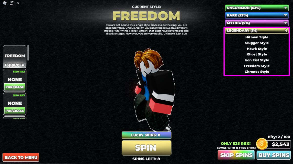 Freedom fighting style menu in Untitled Boxing Game Roblox