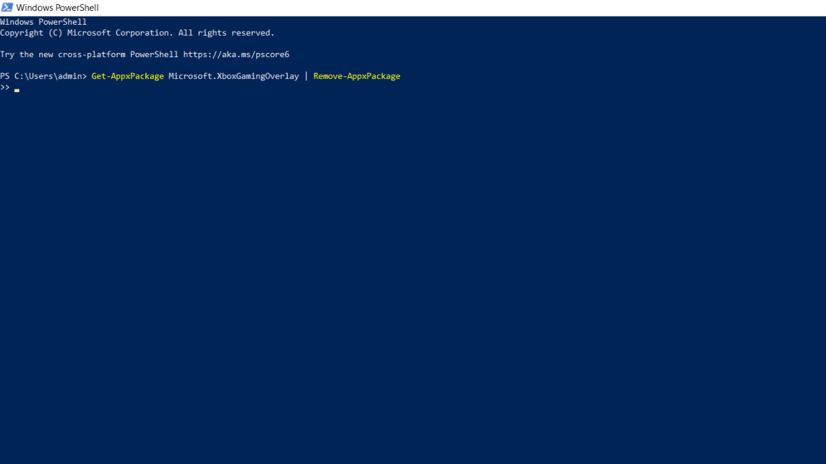 Windows Powershell with the xbox Game Bar uninstalling command