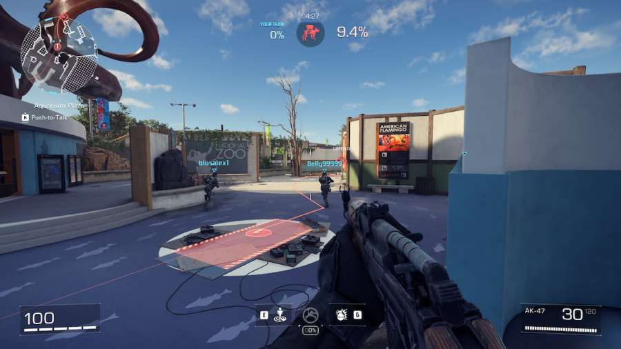 A quickplay match of XDefiant on an aquarium-themed map