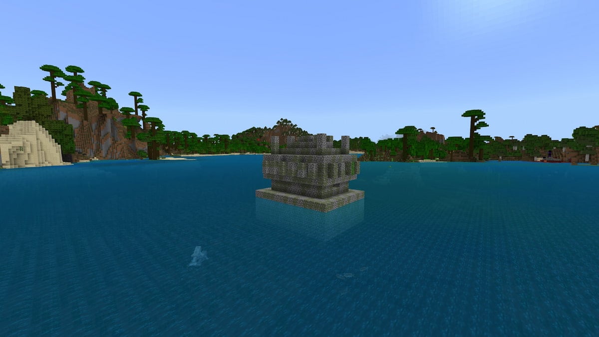 A Minecraft Jungle Temple floating in an ocean