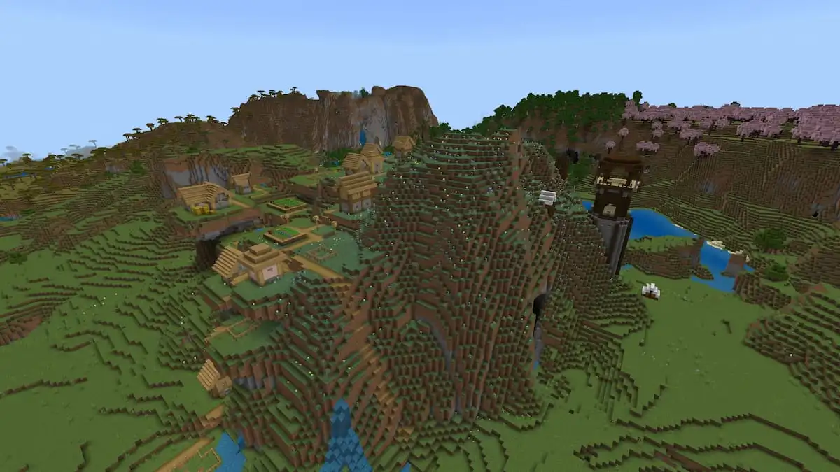 A tall Pillager Outpost near a Minecraft Plains Village