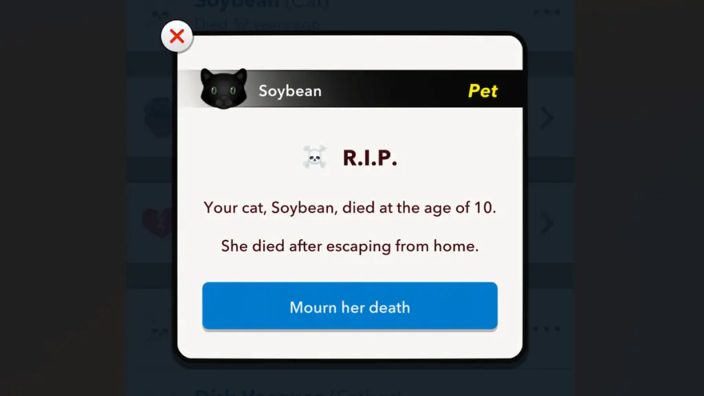 The Cat Mourn page in BitLIfe