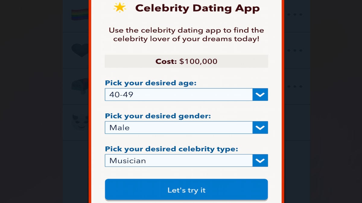 The Celebrity Dating App Main Menu in BitLife