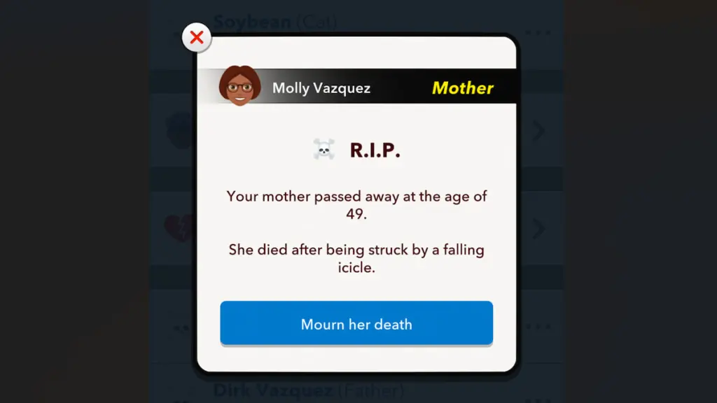 The Parents Mourn page in BitLIfe