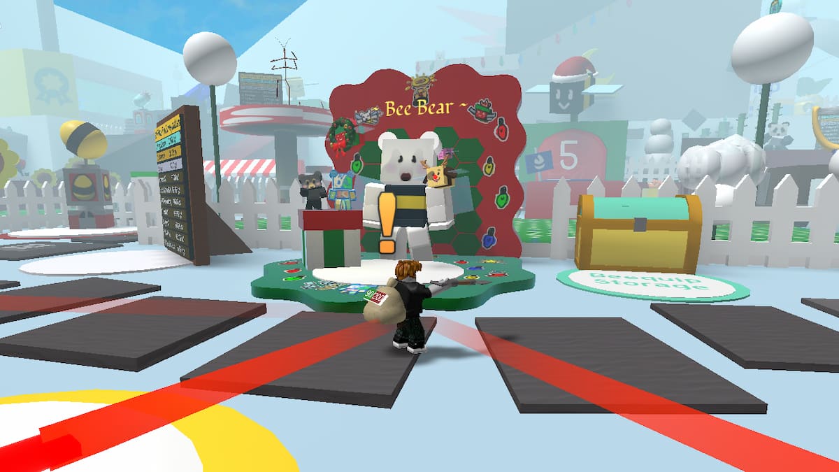 A player standing in front of the Bee Bear in Bee Swarm Simulator