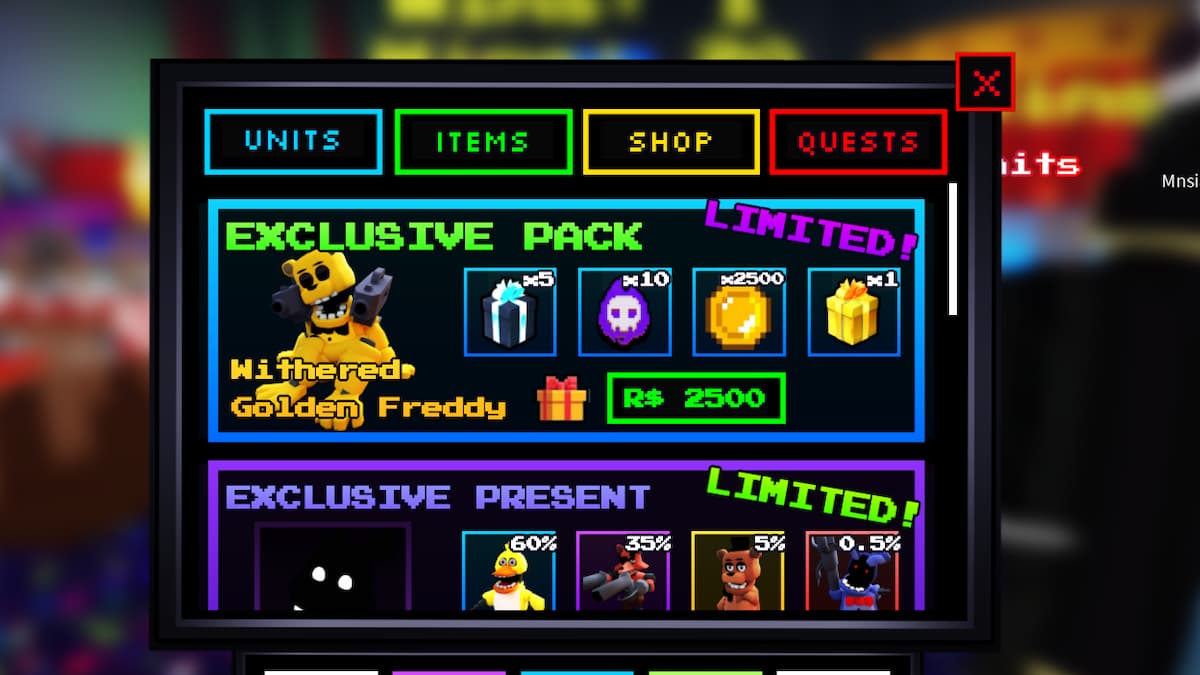 The Five Nights TD game store in Roblox