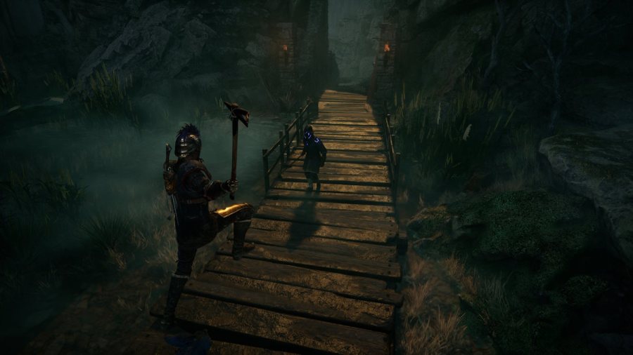 A jump attack showing off the Sapper’s Gauntlet in Flintlock: The Siege of Dawn.