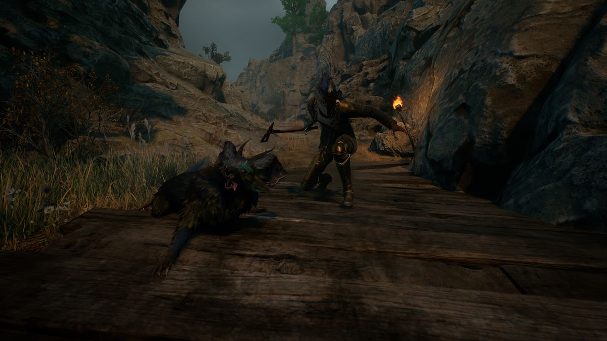 Enki and Nor sliding down a slope in Flintlock: The Siege of Dawn.