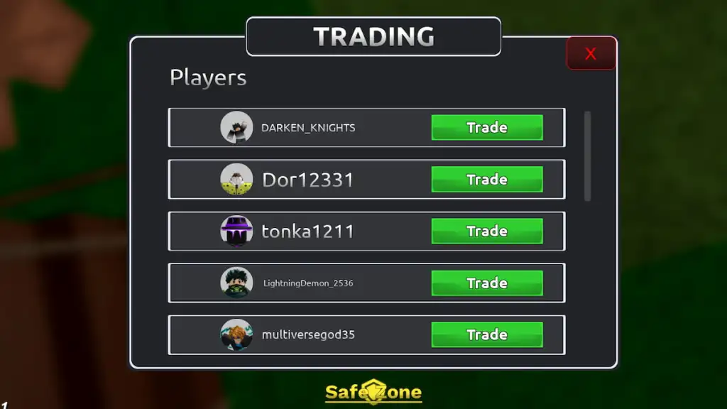 The list of players available on the server for trading in Fruit Seas