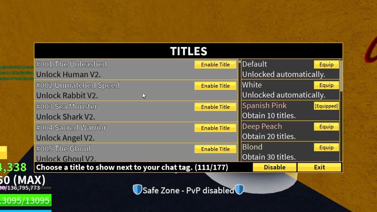 Titles list menu in Blox Fruits