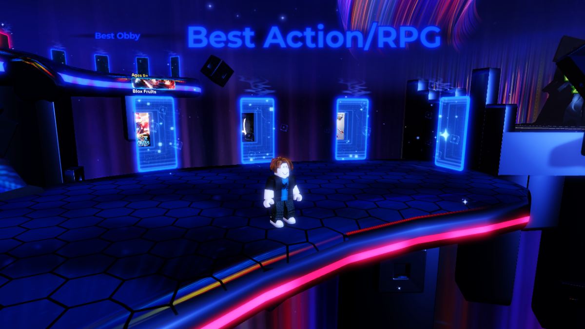 Roblox character standing in front of the Best Action/RPG voting section