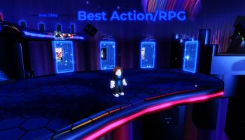 Roblox character standing in front of the Best Action/RPG voting section