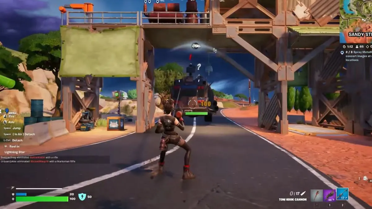 Fortnite player attached to War Bus with Tow Hook Cannon