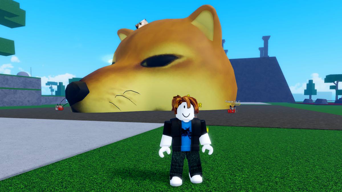 Roblox character standing in front of the Cheems character in Meme Sea