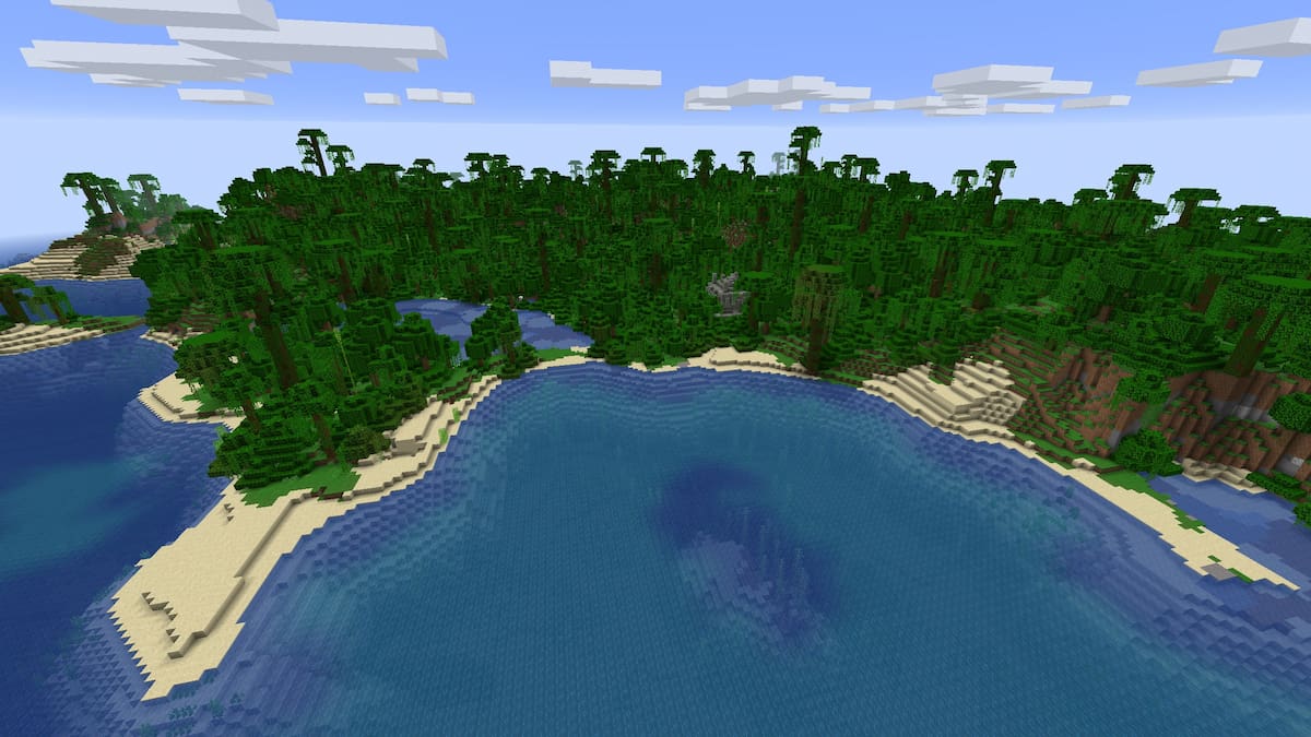 A Jungle Temple on the edge of a cove in Minecraft