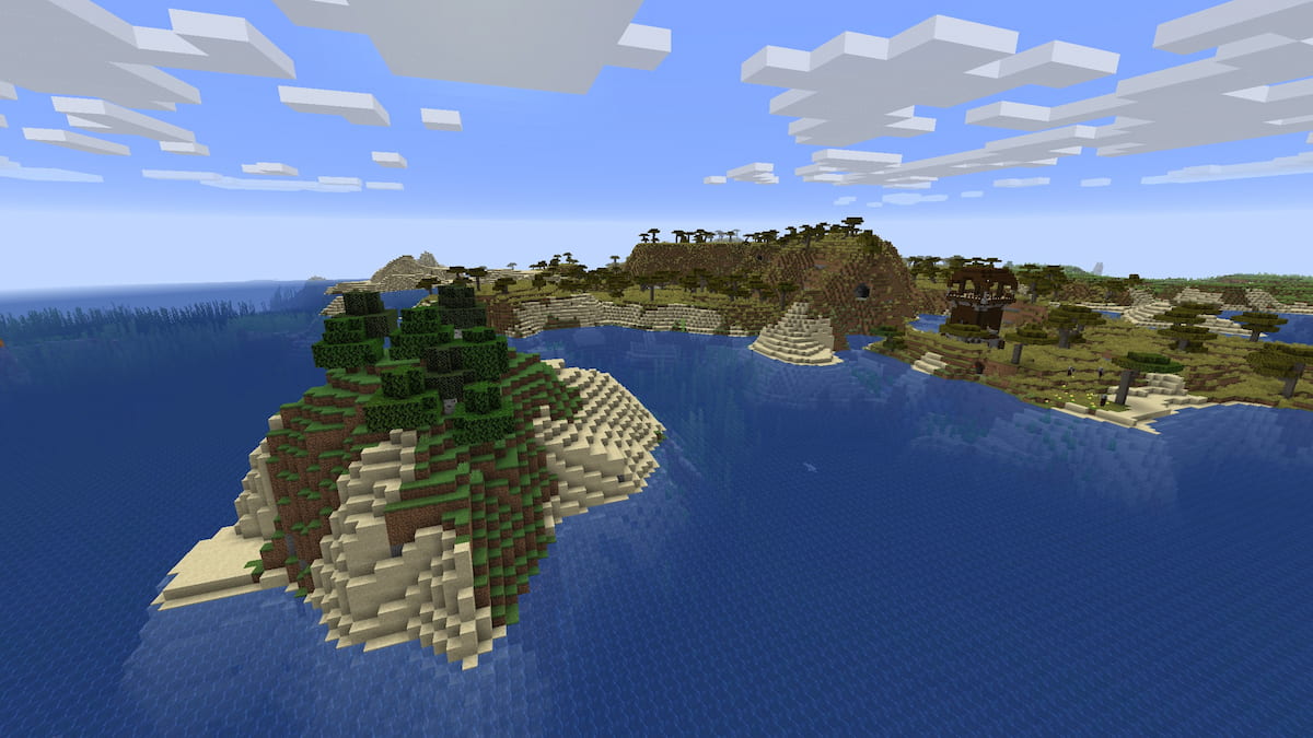 A small island near a Pillager Outpost in Minecraft