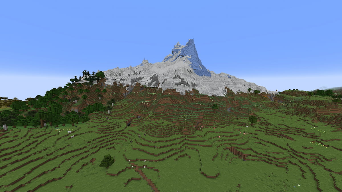 A snowy mountain with an Icy Peaks biome in Minecraft