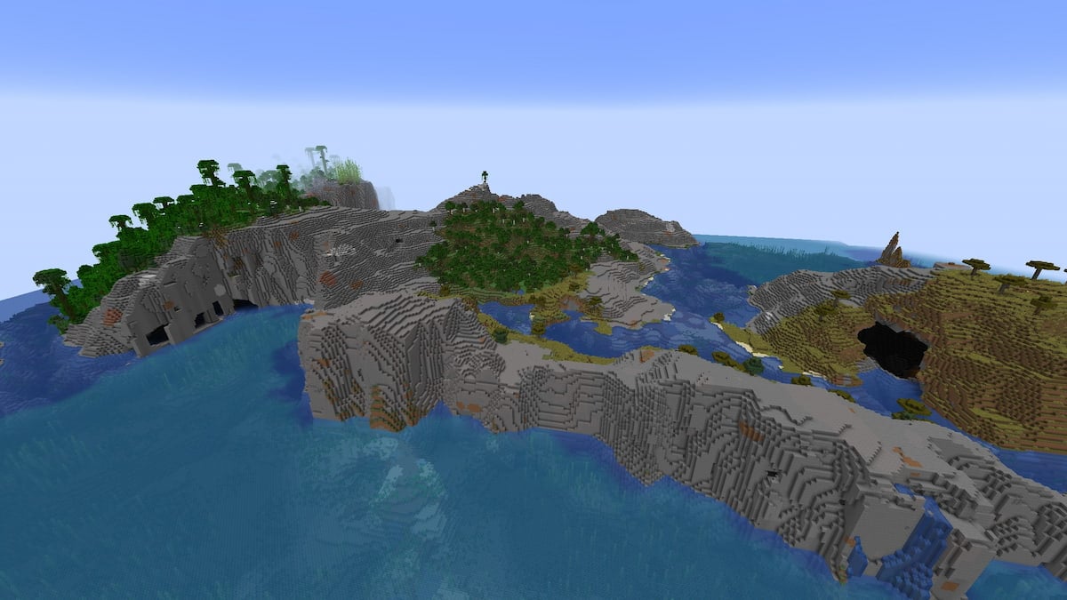 A Minecraft Island made up of Stony Shores, a Jungle, and caves