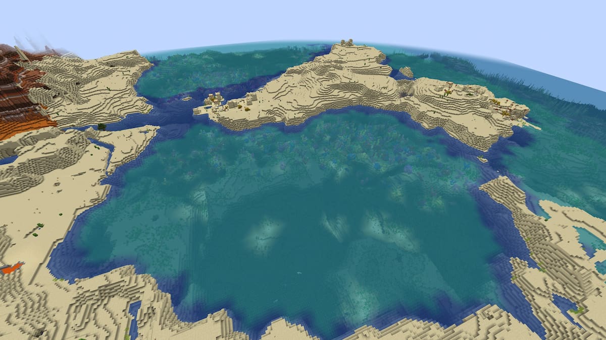 A Coral Reef cove next to two Desert Villages and one Desert Temple in Minecraft