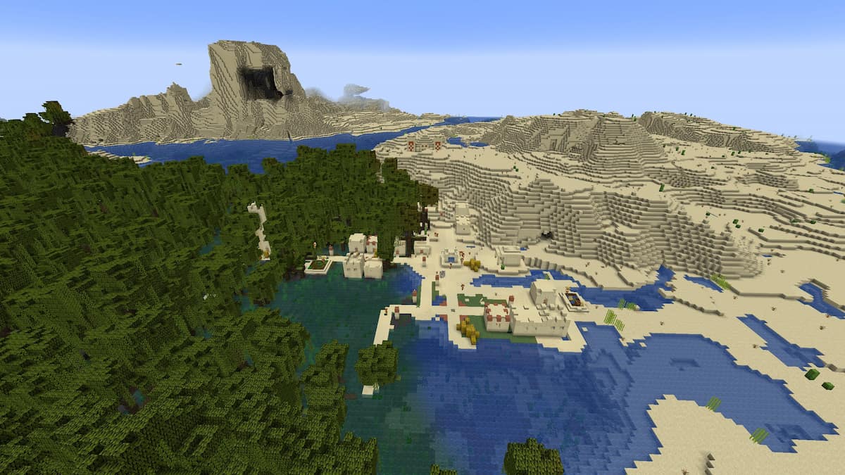 A Minecraft Desert Village in a Mangrove Swamp with a Desert Temple in the background