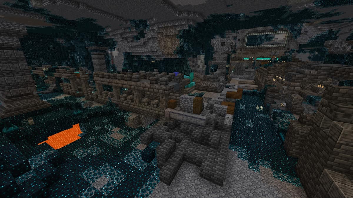 An Ancient City above a Minecraft lava lake