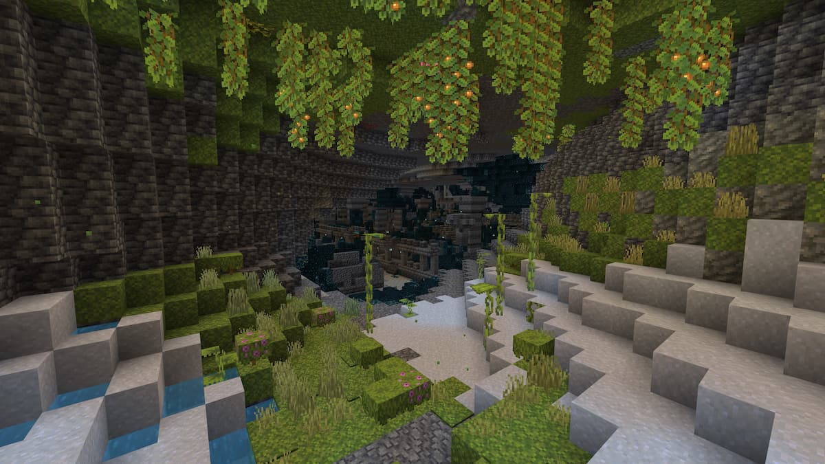 A Lush Cave leading to an Ancient City in Minecraft