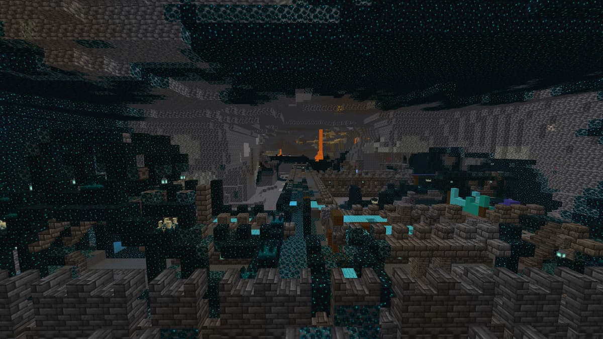 An Ancient City with lots of lava and a mineshaft in Minecraft