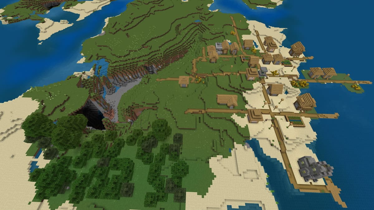 A giant Plains Village next to a deep cave in Minecraft