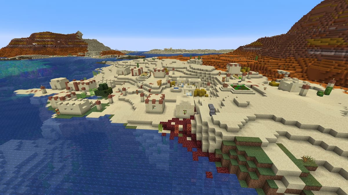 A Desert in Minecraft with a Desert Village, a buried ruined portal, and an abandoned mineshaft