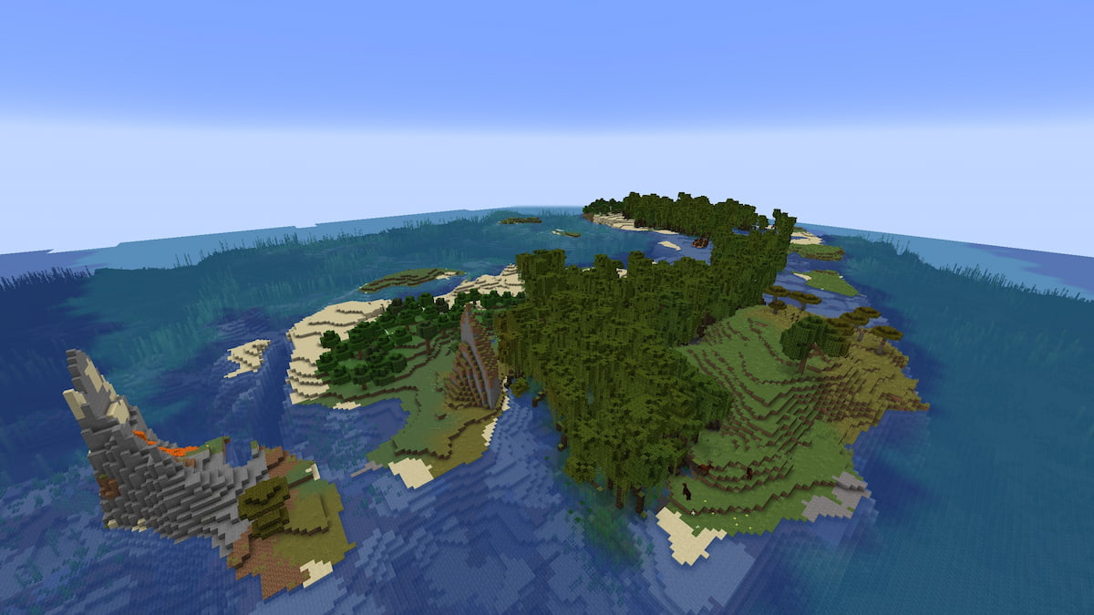 A Minecraft island with multiple biomes and a shipwreck