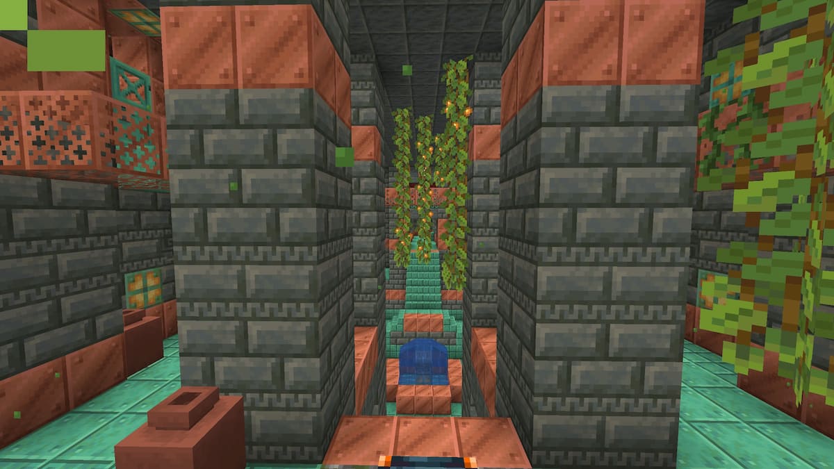 A test chamber with Lush Cave vines, flowers, and glitter berries hanging from the ceiling
