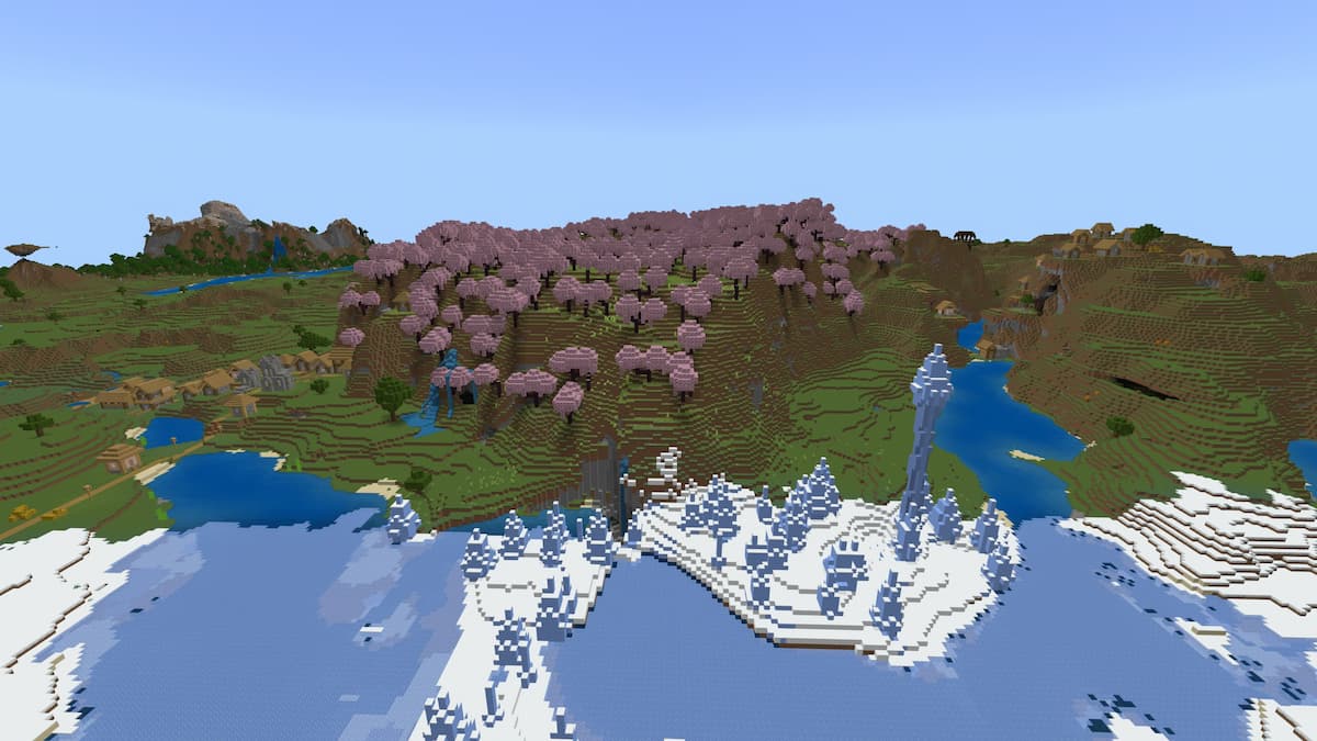 An Ice Spikes biome in front of a Cherry Grove with a Pillager Outpost and two Plains Villages
