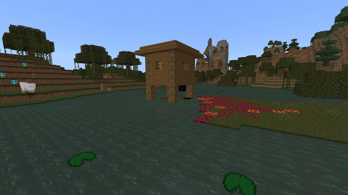 A Minecraft Witch Hut above a ruined portal