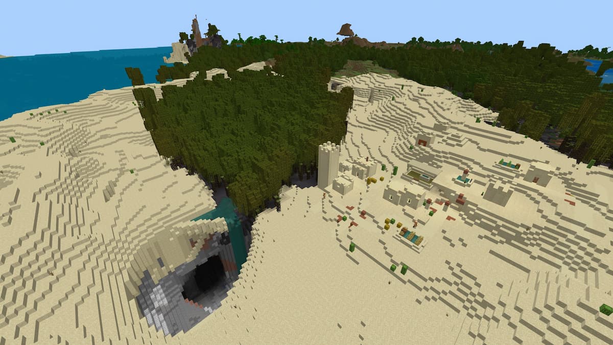 A Mangrove Swamp spilling into a circular cave next to a Desert Village and Temple combination