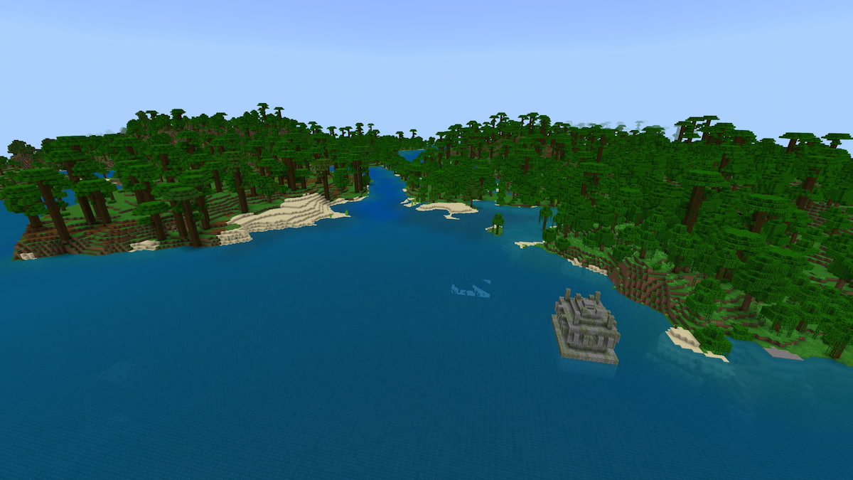 A river-filled Minecraft Jungle with a floating Jungle Temple