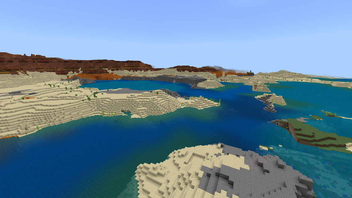 Gravel and Badlands islands in a Coral Reef with a floating Desert Temple in Minecraft