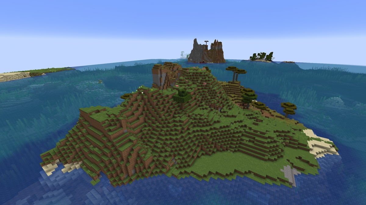 A small Savanna Island in Minecraft with pigs and Armadillos