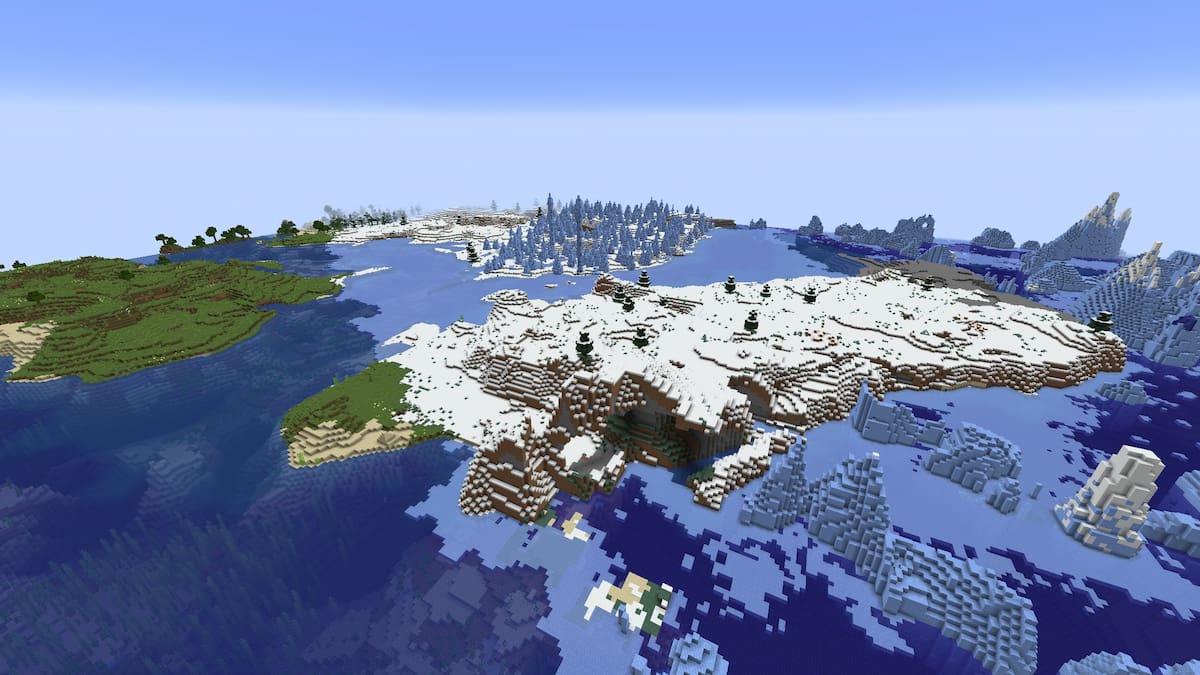 A series of Minecraft islands scattered around a Cold Ocean and a Frozen Ocean