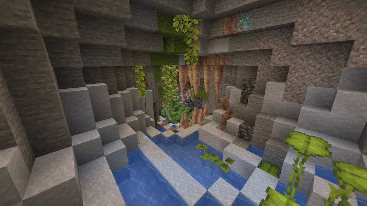 A Lush Cave in the middle of a Minecraft Dripstone Cave