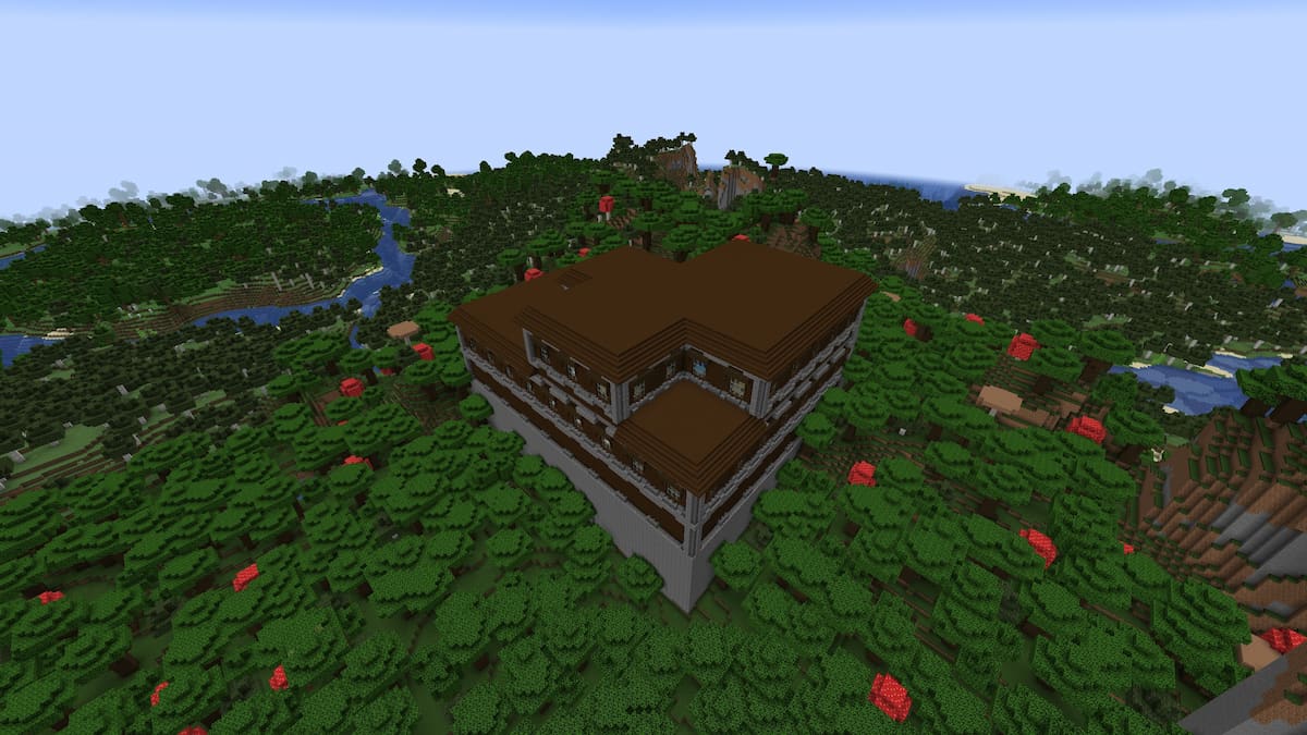 A Woodland Mansion against a Dark Forest hill in Minecraft