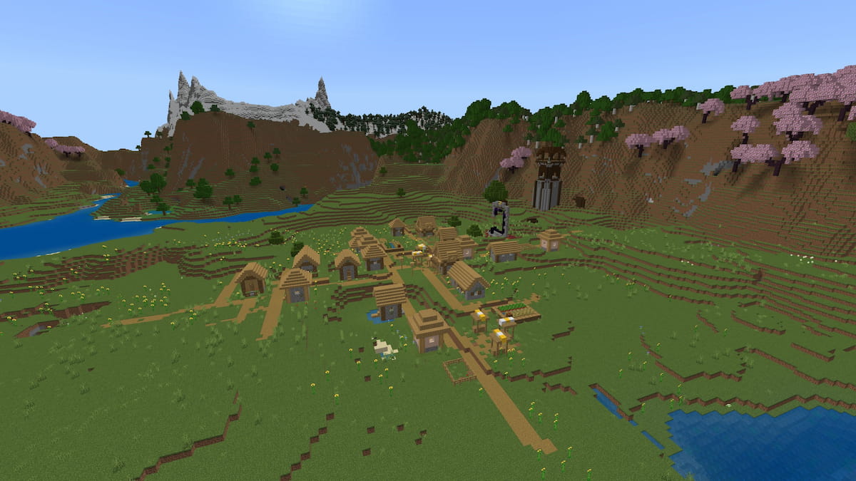 A Minecraft Plains Village with a ruined portal and a Pillager Outpost